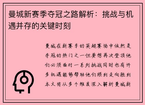 曼城新赛季夺冠之路解析：挑战与机遇并存的关键时刻