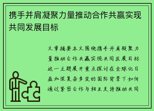 携手并肩凝聚力量推动合作共赢实现共同发展目标
